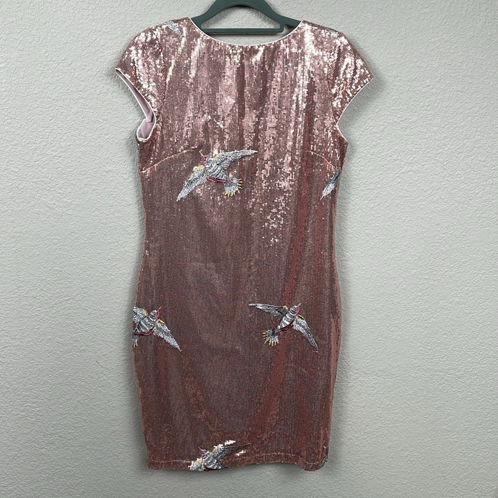 LOB Sequin Dress with Bird Embroidery Mini Shift V Back Sparkle Party Sz S